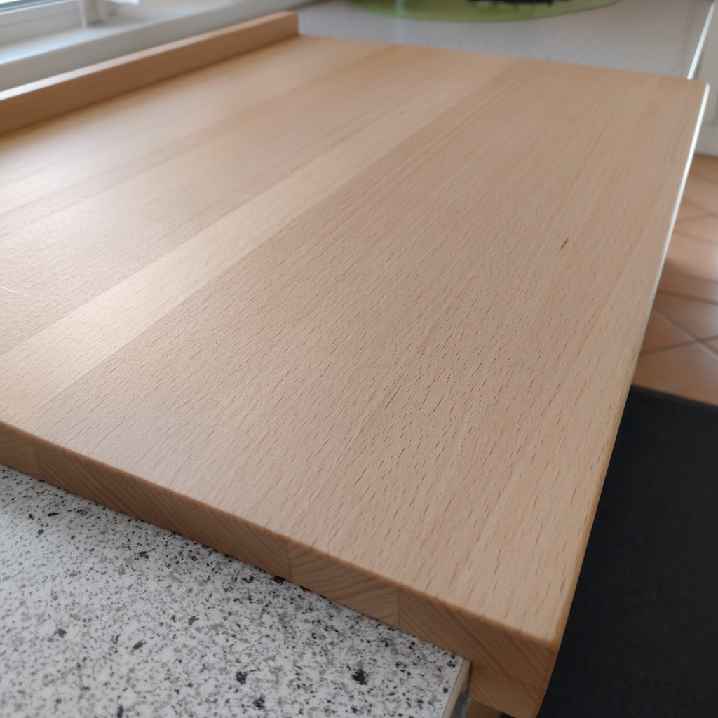 Nahaufnahme der geölten Oberfläche des Backbretts „Kreta“ aus Buchenholz, langlebig und messerschonend