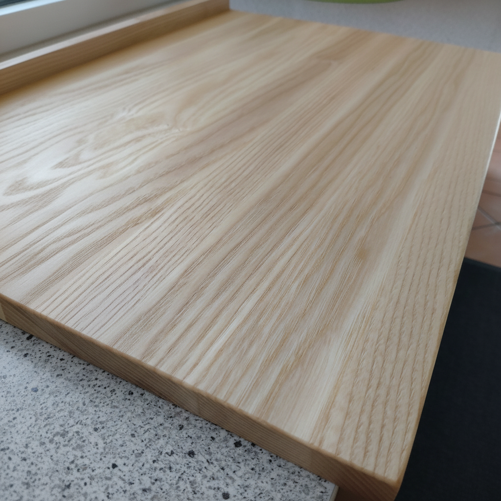 Nahaufnahme der geölten Oberfläche des Backbretts „Kreta“ aus Eschenholz, langlebig und messerschonend