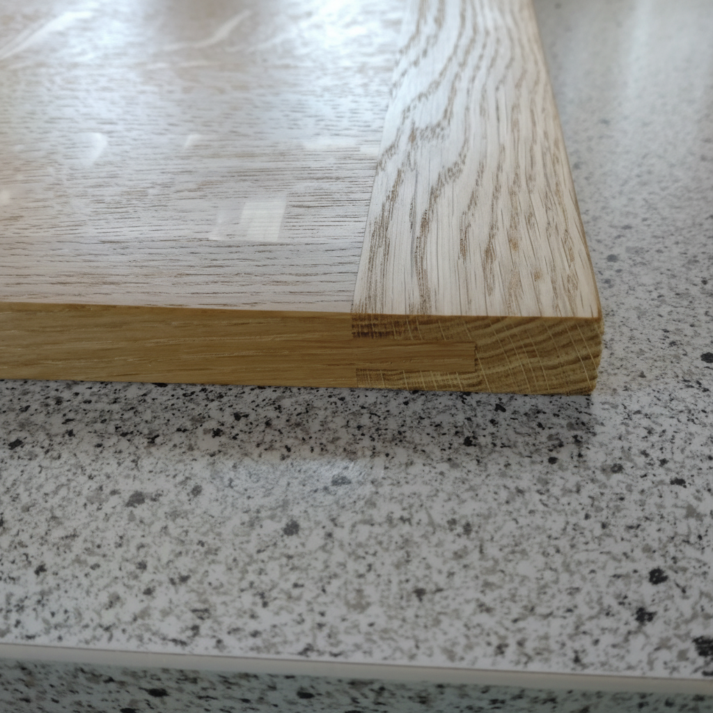 Schneidebrett „Corsica“ aus Eiche, Detail der beidseitigen Hirnholzleisten, handgefertigt