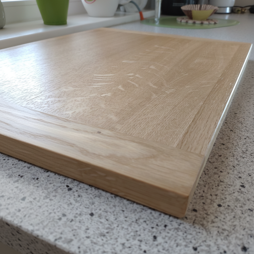 Nahaufnahme der geölten Oberfläche des Schneidebretts „Corsica“ aus Eichenholz, langlebig und messerschonend