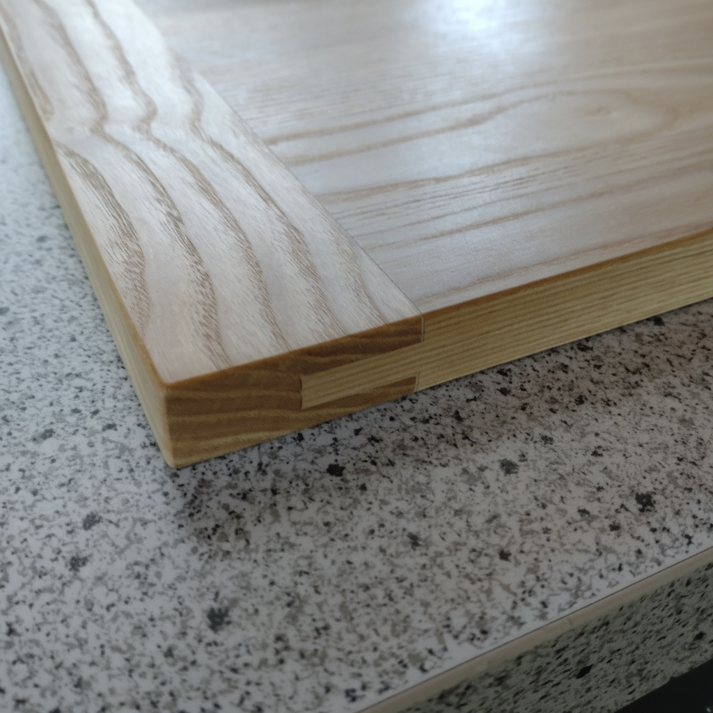 Schneidebrett „Corsica“ aus Esche, Detail der beidseitigen Hirnholzleisten, handgefertigt