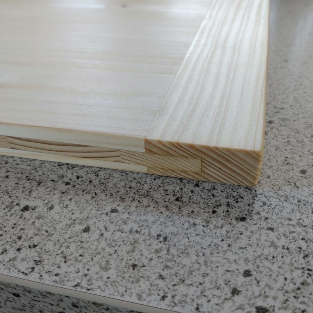 Schneidebrett „Corsica“ aus Fichte, Detail der beidseitigen Hirnholzleisten, handgefertigt