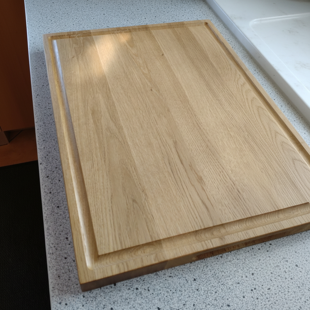 Schneidebrett „Mauritius“ aus Eiche beim Schneiden von Gemüse mit Saftrille