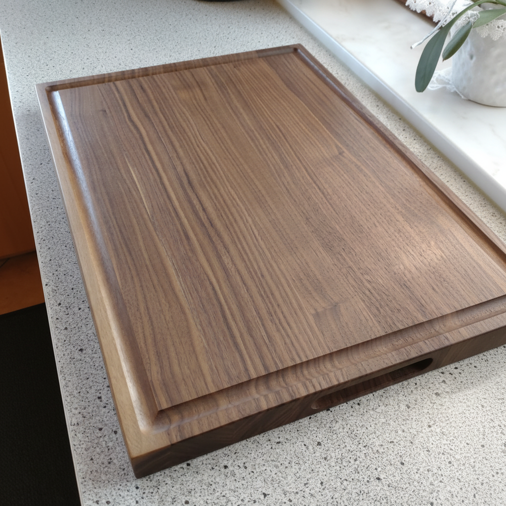 Schneidebrett „Mauritius“ aus Nussbaum beim Schneiden von Fleisch mit Saftrille