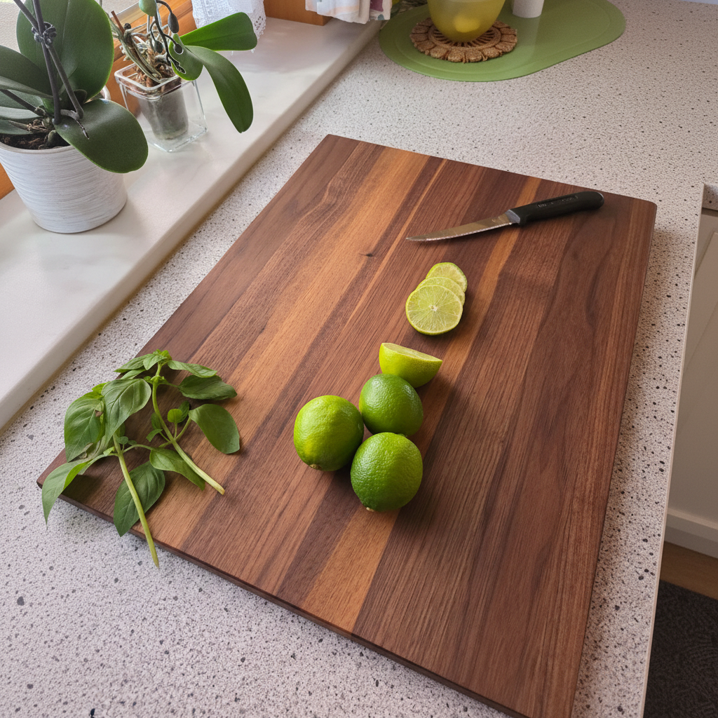 Schneidebrett „Mykonos“ aus Nussbaumholz, Seitenansicht, robustes Hartholz