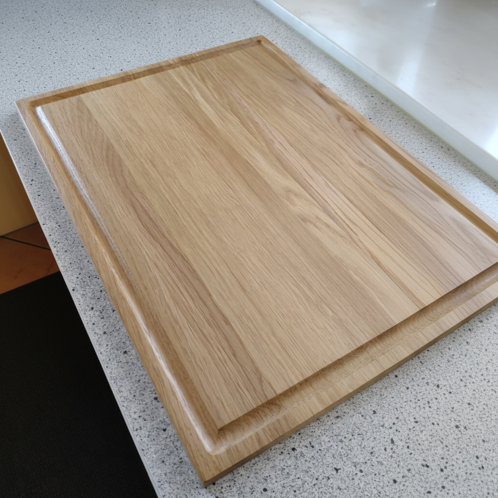 Schneidebrett „Santorini“ aus Eichenholz beim Schneiden von Fleisch und Gemüse