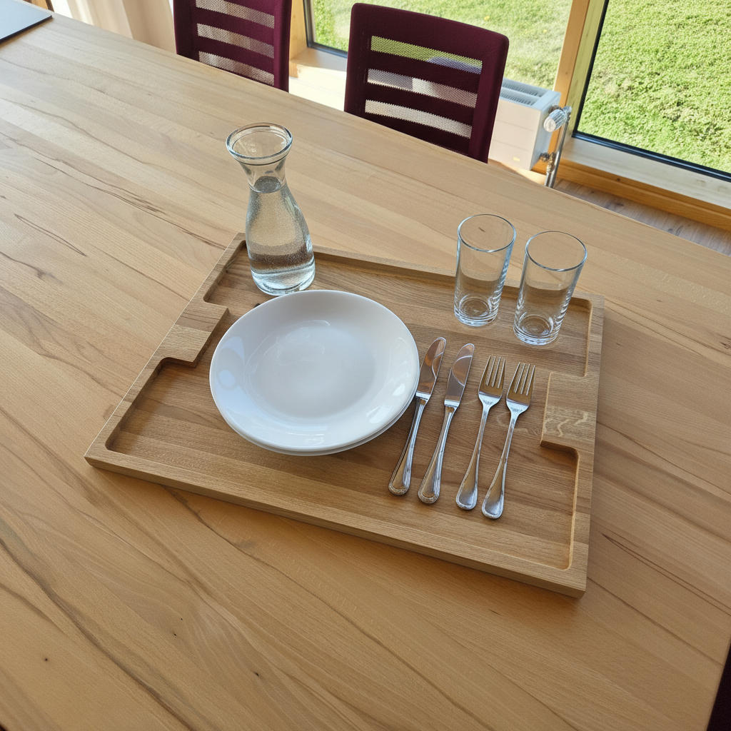 Serviertablett „Capri“ aus Eichenholz beim Servieren von Getränken und Frühstück