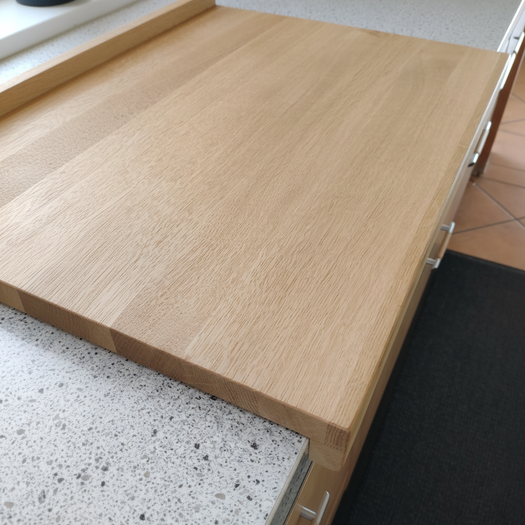 Nahaufnahme der geölten Oberfläche des Backbretts „Kreta“ aus Eichenholz, langlebig und messerschonend