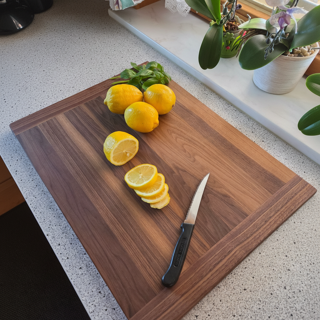 Schneidebrett „Corsica“ aus Nussbaum beim Schneiden von Gemüse und Anrichten von Speisen