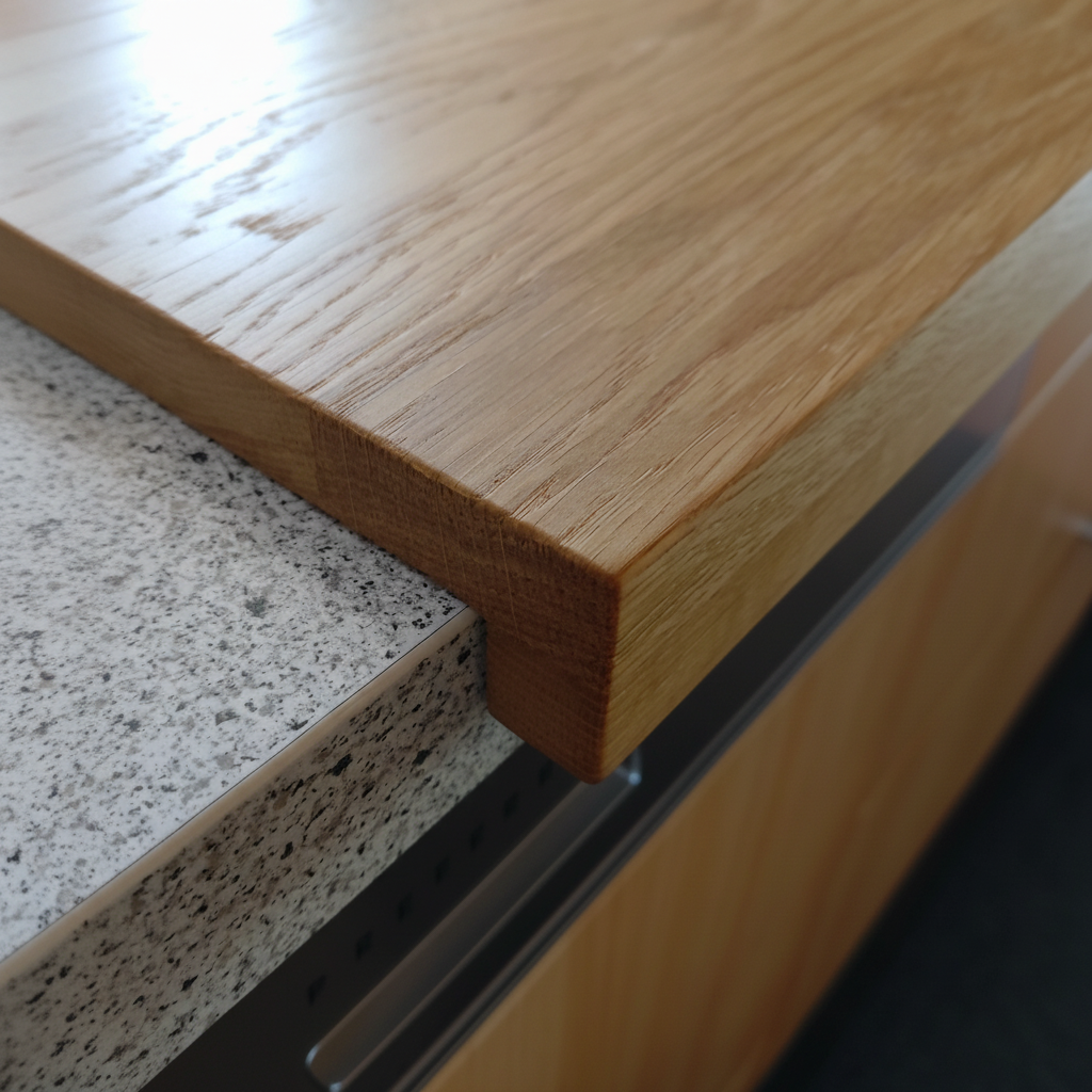 Schneidebrett „Madeira“ aus Eiche mit stabiler Anschlagleiste, Detailaufnahme, handgefertigt