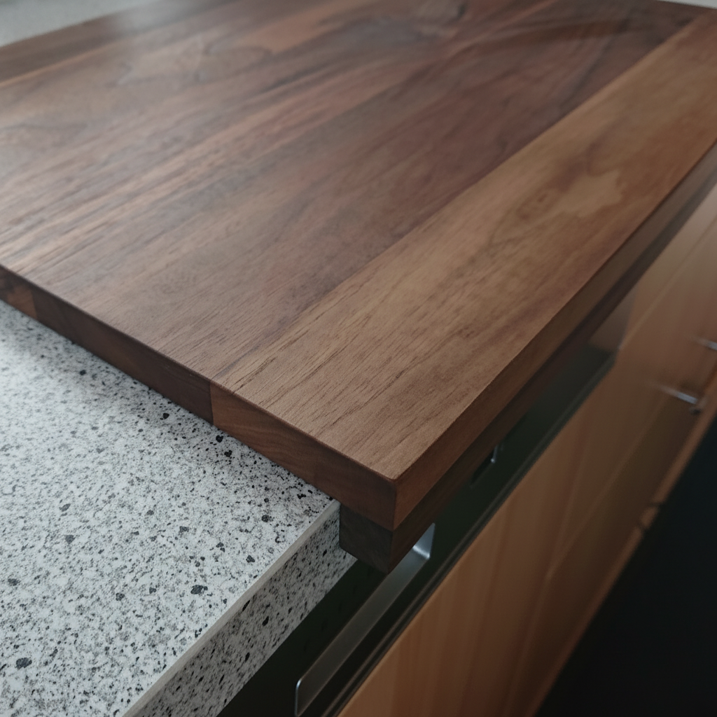 Schneidebrett „Madeira“ aus Nussbaum mit stabiler Anschlagleiste, Detailaufnahme, handgefertigt