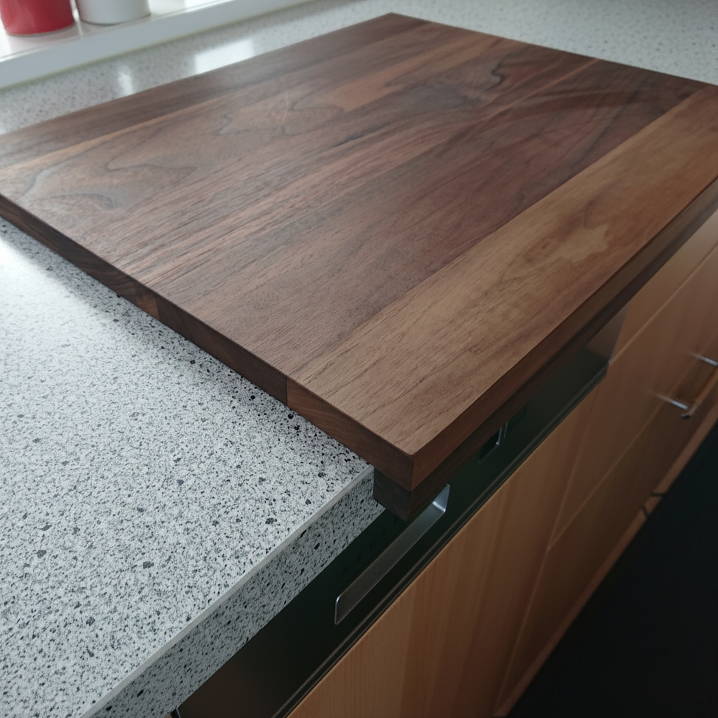 Nahaufnahme der geölten Oberfläche des Schneidebretts „Madeira“ aus Nussbaumholz, langlebig und messerschonend