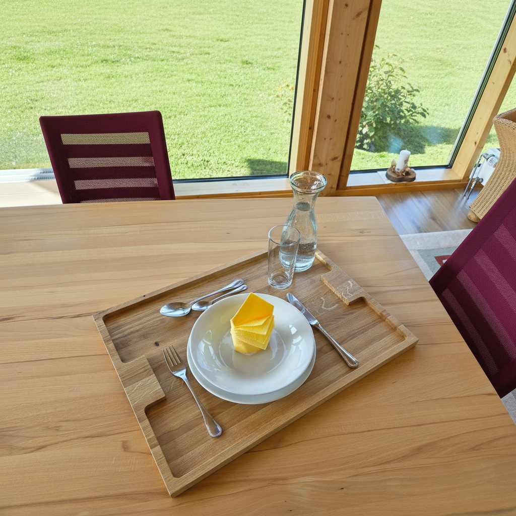 Detail der seitlichen Griffmulde des Serviertabletts „Capri“ aus Eiche