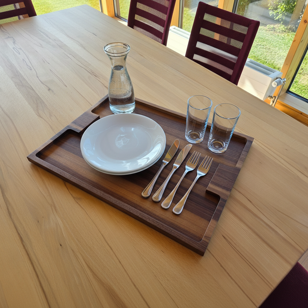 Serviertablett „Capri“ aus Nussbaum beim Servieren von Getränken und Snacks