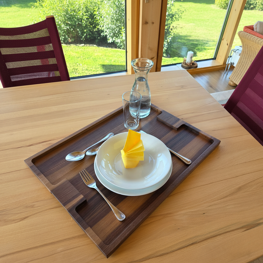 Detail der seitlichen Griffmulde des Serviertabletts „Capri“ aus Nussbaum