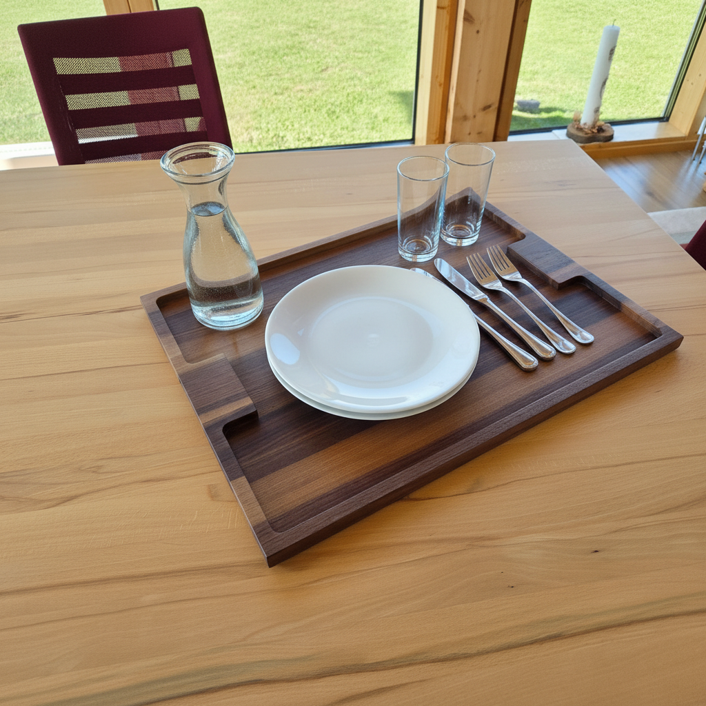 Serviertablett „Capri“ aus Nussbaumholz, Seitenprofil mit eleganter Kontur